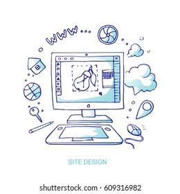 Vector illustration of a sketch on the theme of design and site creation. From idea to incarnation. Hand painted, isolated objects on white background