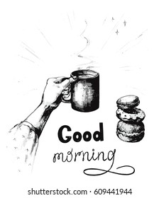 Vector illustration of a sketch on the theme of breakfast, lunch. Done by hand in black and white. Isolated on white background
