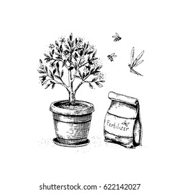 Vector illustration of a sketch on the theme of gardening. Pollination of a tree.Black and white free-hand sketch.Isolated on white background