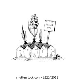 Vector illustration of a sketch on the theme of gardening. Planting of seedlings in the spring. Black and white free-hand sketch.Isolated on white background
