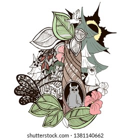 vector illustration of sketch.owl on a tree in the forest graphics.doodle pattern.