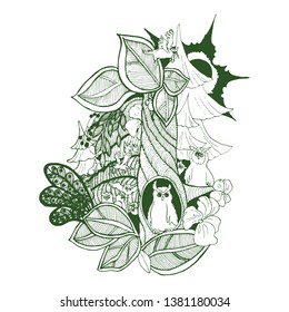 vector illustration of sketch.owl on a tree in the in the forest graphics on a white background.