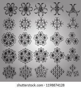 Vector illustration. Vector sketch on a white background for Christmas. Decorative silver snowflakes set with 25 objects.