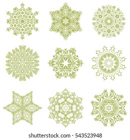 Vector illustration. Vector sketch on white background for Christmas. Decorative green snowflakes set.