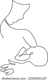 Vector illustration (sketch), one-line silhouette, without background (picture) - a mother with a child in her arms. The emotion of motherhood and love for a child