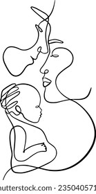 Vector illustration (sketch), one-line silhouette, no background (drawing) - dad and mom (parents, family) with a child in their arms. The emotion of love and happiness.