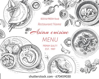Vector illustration sketch - oriental food. Card menu asian vintage design template, banner.