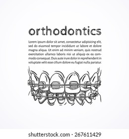 Vector illustration.  sketch - Orthodontic treatment and text, Braces,  elastic ligatures