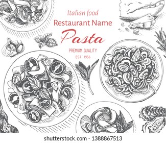 Vector illustration sketch - pasta card. Restaurant card menu Italian cuisine.