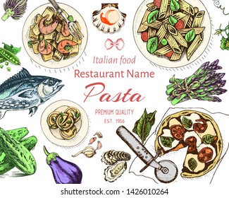 Vector illustration sketch - pasta card. Restaurant card menu Italian cuisine.