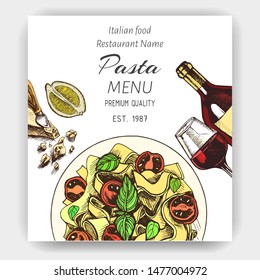 Vector illustration sketch - pasta. Card menu italian resraurant. Lunch with Italian pasta, wine and cheese.