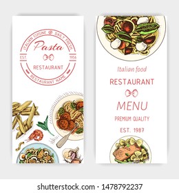 Vector illustration sketch - pasta. Card menu italian restaurant. Italian traditional cuisine menu.