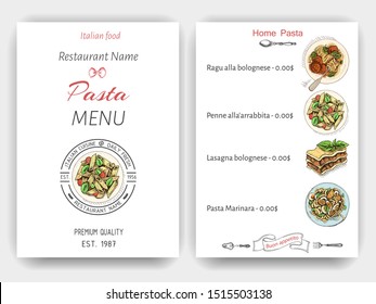 Vector illustration sketch - pasta. Card menu italian restaurant.