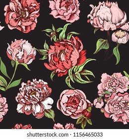 Vector illustration sketch - pattern with flowers chrysanthemum, peony. Colorful flowers vector illustration.