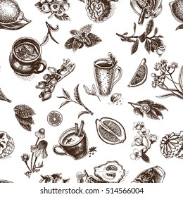Vector illustration sketch pattern - herbal tea - cup, berry,  wild rose, linden, mint, chamomile, lemon, bergamot, Soursop, blueberry, Jasmine.