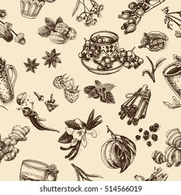 Vector illustration sketch pattern - herbal tea - cup, berry , raspberry, dog rose, linden, mint, chamomile, cardamom, cloves, lemon, ginger, cinnamon