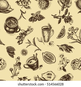 Vector illustration sketch pattern - herbal tea - cup, berry,  rose hip, linden, mint, chamomile, lemon, bergamot, Soursop, blueberry, Jasmine.