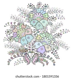 Vector illustration. Sketch pattern in vintage style with bouquets of flowers. On neutral, gray and white colors.