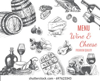 Vector illustration sketch pattern - wine and cheese banner.