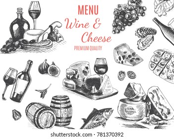 Vector Illustration Sketch Pattern - Wine And Cheese Banner.