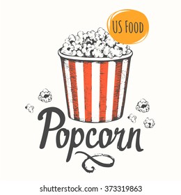 Vector illustration with sketch popcorn bucket. Sketch design. Cinema snack. Hand drawn fast food.