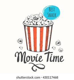 Vector illustration with sketch popcorn bucket. Cinema snack. Hand drawn fast food. Movie time.