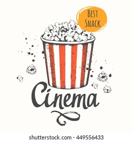 Vector illustration with sketch popcorn bucket. Cinema snack. Hand drawn fast food. Movie time.