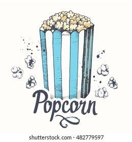 Vector illustration with sketch popcorn bucket. Sketch design. Cinema snack. Hand drawn fast food.