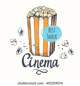 Vector illustration with sketch popcorn bucket. Sketch design. Cinema snack. Hand drawn fast food. Movie Time poster.