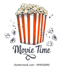 Vector illustration with sketch popcorn bucket. Sketch design. Cinema snack. Hand drawn fast food. Movie Time poster.