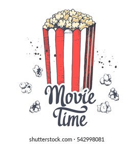 Vector illustration with sketch popcorn bucket. Cinema snack. Hand drawn fast food. Movie Time poster.