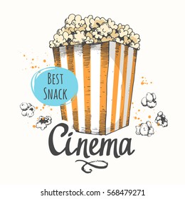 Vector illustration with sketch popcorn bucket. Cinema snack. Hand drawn fast food. Movie Time poster.