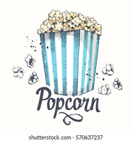 Vector illustration with sketch popcorn bucket. Cinema snack. Hand drawn fast food. Movie Time poster.