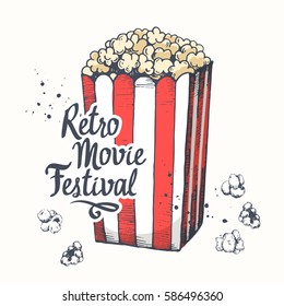 Vector illustration with sketch popcorn bucket. design. Cinema snack. Hand drawn fast food. Movie Time poster.