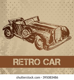 Vector illustration with sketch retro car on textured grange background