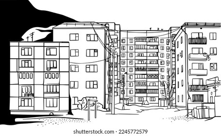 Vector illustration sketch Russian city urban view with old soviet buildings
