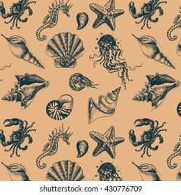 Vector illustration sketch - Sea collection.
seahorse, sea horse, hippocampus, starfish, sea star, whale, shrimp, prawn, crab, jellyfish, seashell