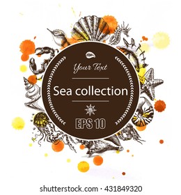 Vector illustration sketch - Sea collection.
seahorse, sea horse, hippocampus, starfish, sea star, whale, shrimp, prawn, crab, jellyfish, seashell