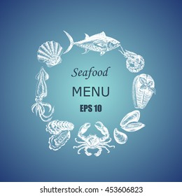 Vector illustration sketch - Sea collection.
Seafood - squid, sea scallop, salmon, mussels, tuna, crab, shrimp, 