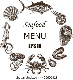 Vector illustration sketch - Sea collection.
Seafood - squid, sea scallop, salmon, mussels, tuna, crab, shrimp, 