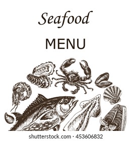 Vector illustration sketch - Sea collection.
Seafood - squid, sea scallop, salmon, mussels, tuna, crab, shrimp, 