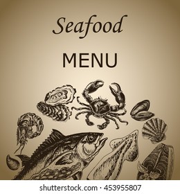 Vector illustration sketch - Sea collection.
Seafood - squid, sea scallop, salmon, mussels, tuna, crab, shrimp, oyster.