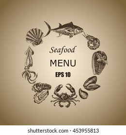 Vector illustration sketch - Sea collection.
Seafood - squid, sea scallop, salmon, mussels, tuna, crab, shrimp, oyster.