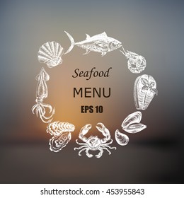 Vector illustration sketch - Sea collection.
Seafood - squid, sea scallop, salmon, mussels, tuna, crab, shrimp, oyster.