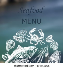 Vector illustration sketch - Sea collection.
Seafood - squid, sea scallop, salmon, mussels, tuna, crab, shrimp, oyster.