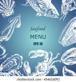 Vector illustration sketch - Sea collection.
Seafood - squid, sea scallop, salmon, mussels, tuna, crab, shrimp, oyster.
