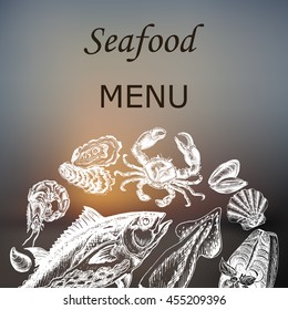 Vector illustration sketch - Sea collection.
Seafood - squid, sea scallop, salmon, mussels, tuna, crab, shrimp, oyster.