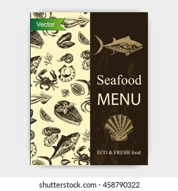 Vector illustration sketch - Sea collection. Seafood menu - squid, sea scallop, salmon, mussels, tuna, crab, shrimp, oyster.