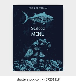 Vector illustration sketch - Sea collection. Seafood menu - squid, sea scallop, salmon, mussels, tuna, crab, shrimp, oyster.