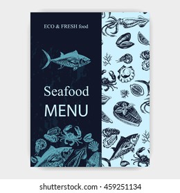 Vector illustration sketch - Sea collection. Seafood menu - squid, sea scallop, salmon, mussels, tuna, crab, shrimp, oyster.